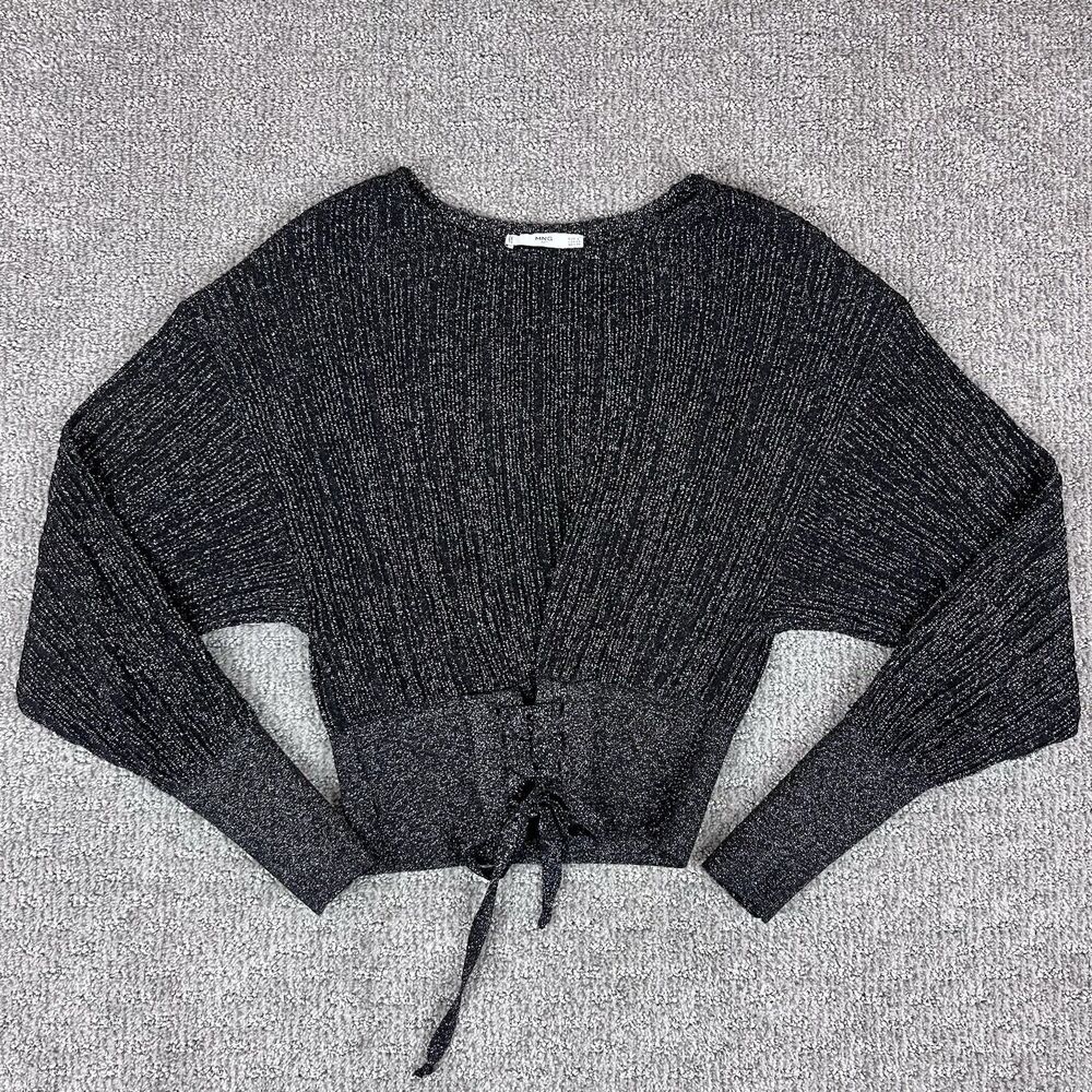 MNG Mango Sweater Womens Extra Small Cropped Corset Lace Up Silver Metallic Blac